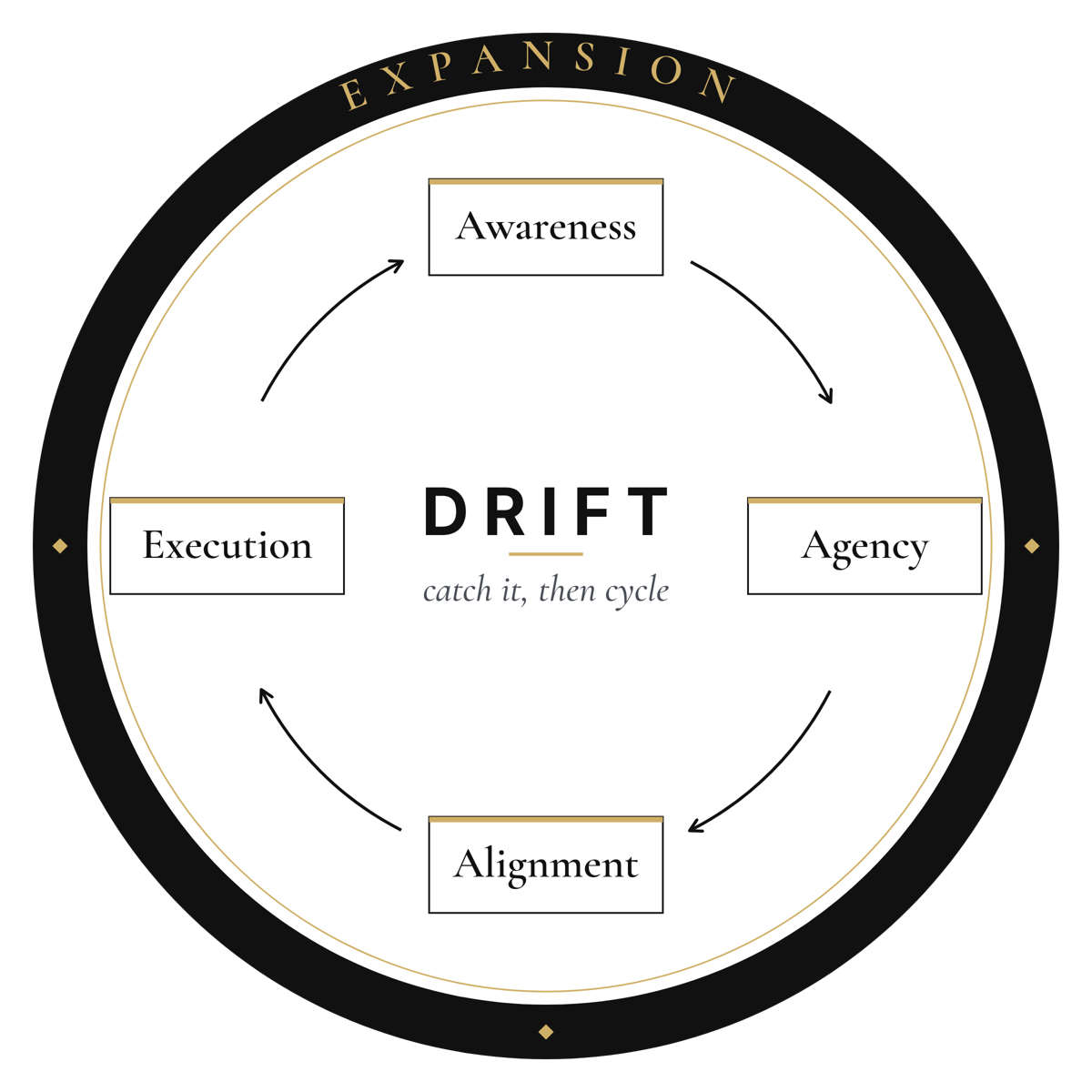 The STRYN operating loop: Awareness, Agency, Alignment, and Execution cycling around drift, inside a ring of expansion